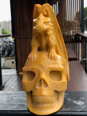 Yellow Jasper Skull and Dragon Sculpture [1k947]