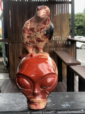 South African Red Jasper Alien and Raven Sculpture [1k1295]