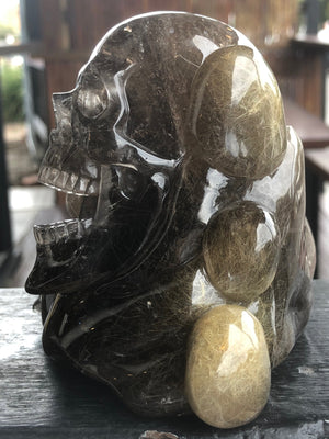 Smoky Elestial Quartz with Copper Rutile Skull Sculpture [1k1498]